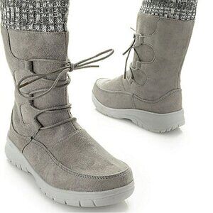 Itasca NIB Charlotte Gray Faux Suede Knit Bungee Detail Mid Calf Boots Size 10